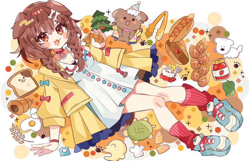 1girl, animal_ears, blue_footwear, blush_stickers, bone_hair_ornament, bracelet, braid, bread