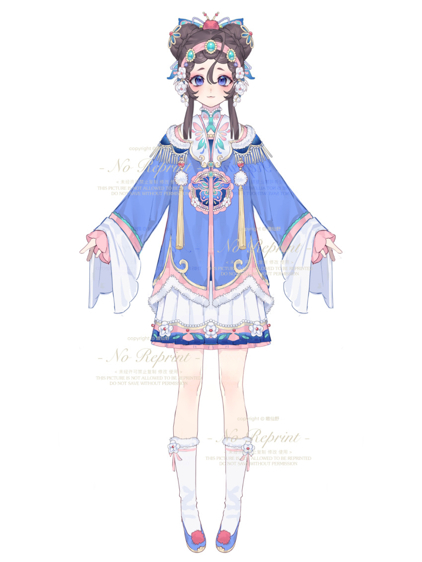 1girl, ao_xian_ye, blue_bow, blue_eyes, blue_footwear, blush, bow, brown_hair