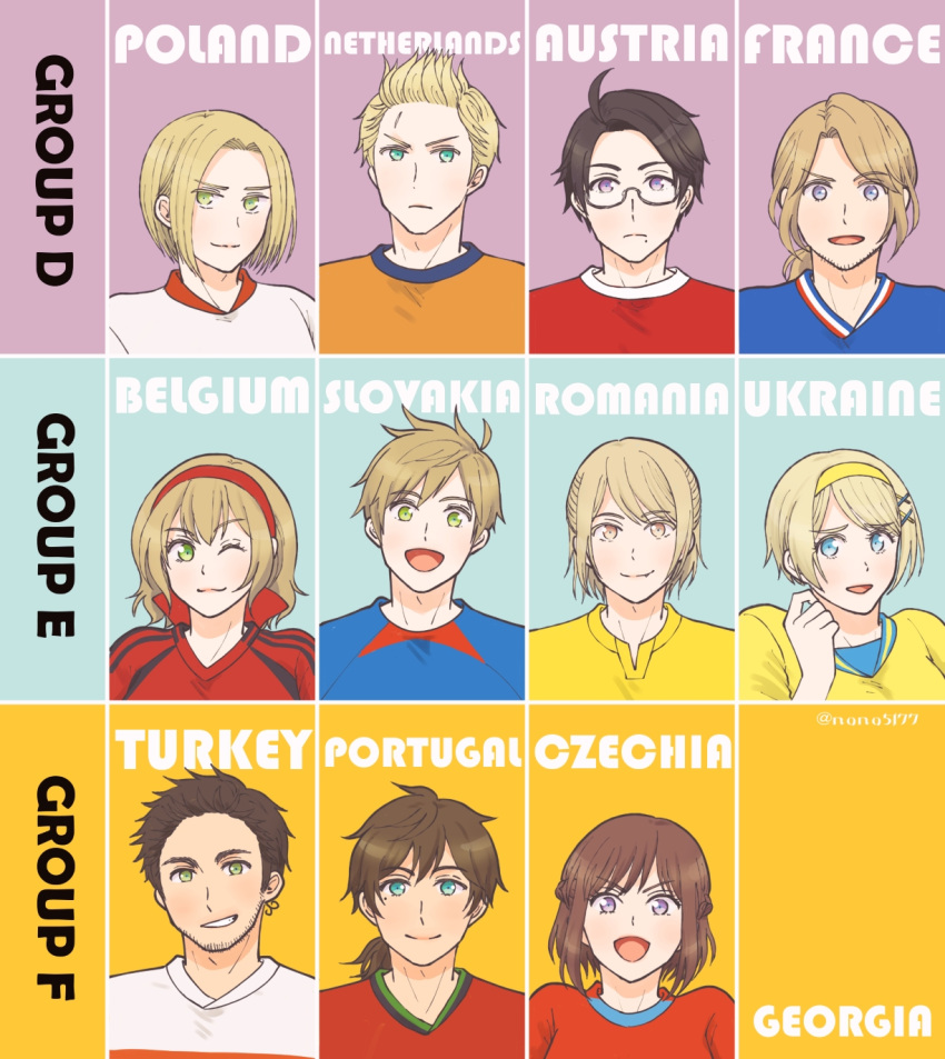 2girls, 6+boys, ahoge, austria_(hetalia), axis_powers_hetalia, belgium_(hetalia), blue_eyes, blue_shirt