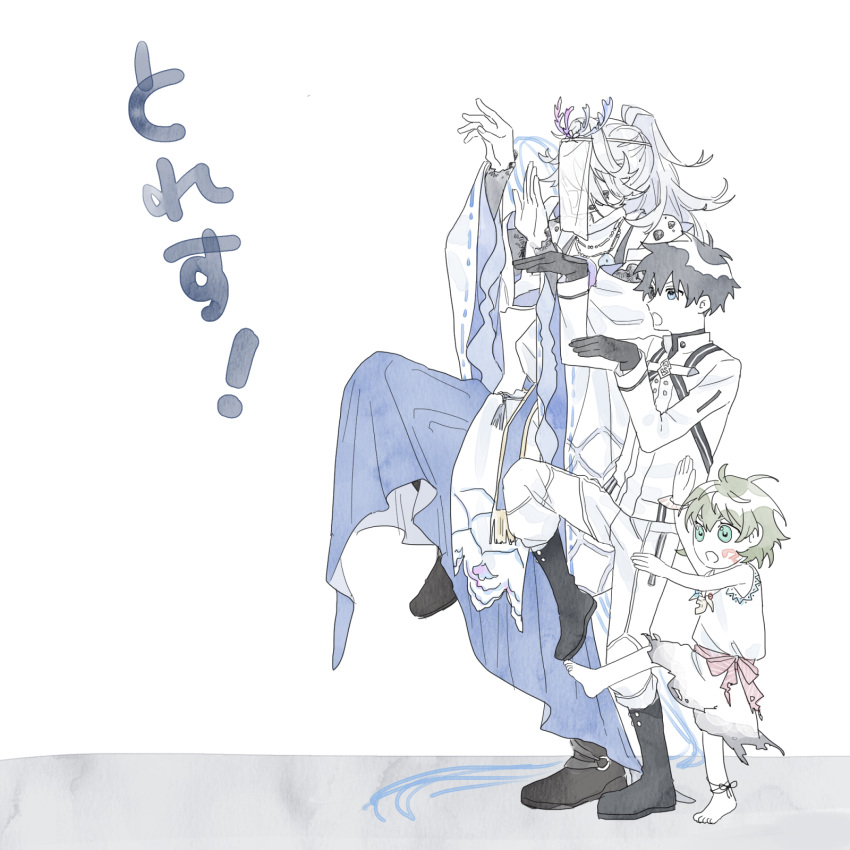 !, 1girl, 2boys, azumi-no-isora_(fate), black_hair, blue_eyes, boots, chaldea_uniform, child, coral, coral_hair_ornament, covered_face, dkknht, facial_mark, fate/grand_order, fate_(series), fujimaru_ritsuka_(male), green_eyes, green_hair, grey_hair, hair_ornament, height_difference, highres, jacket, japanese_clothes, jewelry, kimono, leg_up, long_hair, long_sleeves, magatama, magatama_necklace, material_growth, multiple_boys, necklace, open_mouth, pants, parody, ponytail, sash, see-through, see-through_veil, short_hair, sleeveless, smile, standing, standing_on_one_leg, tunic, veil, white_kimono, white_veil, wide_sleeves, yotsubato!_pose, yuta_(fate)