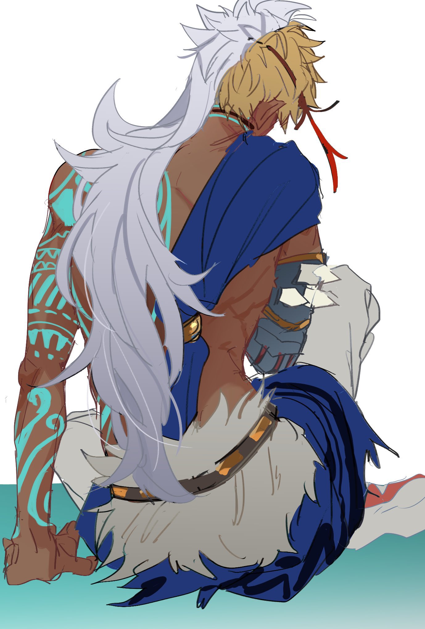 1boy, asymmetrical_hair, back, back_tattoo, blonde_hair, blue_robe, blue_tattoo, dark-skinned_male