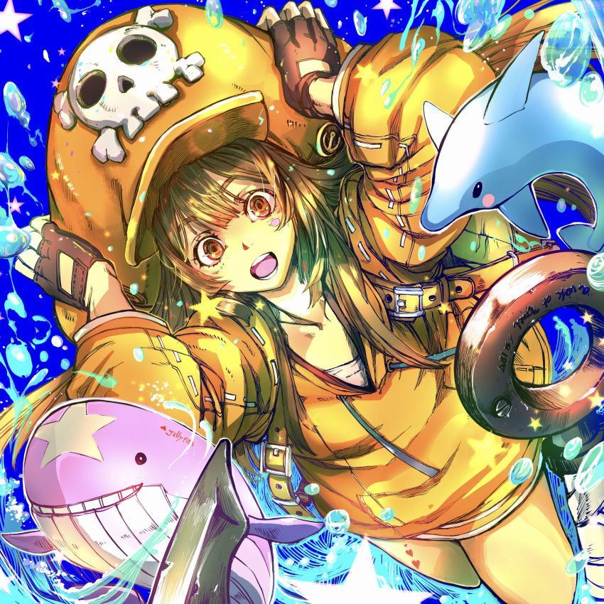 1girl, blue_background, brown_eyes, brown_gloves, brown_hair, dolphin, fingerless_gloves, gloves