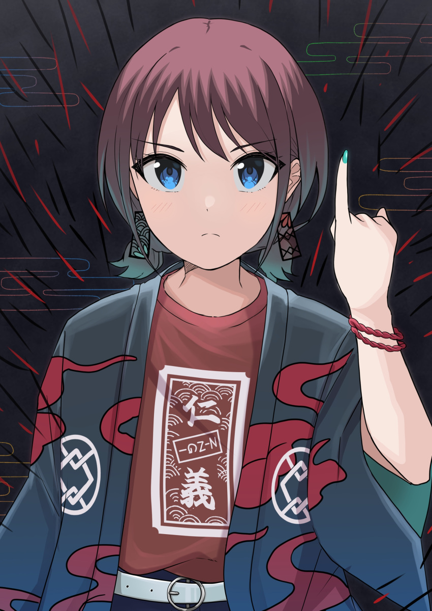 1girl, absurdres, belt, belt_buckle, blue_eyes, blue_hair, blue_happi, blue_nails
