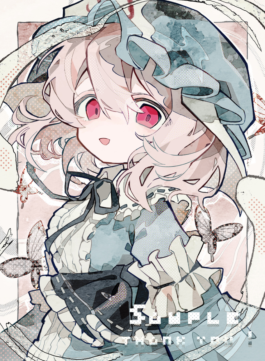 1girl, :d, absurdres, blue_kimono, blue_ribbon, bug, butterfly, center_frills