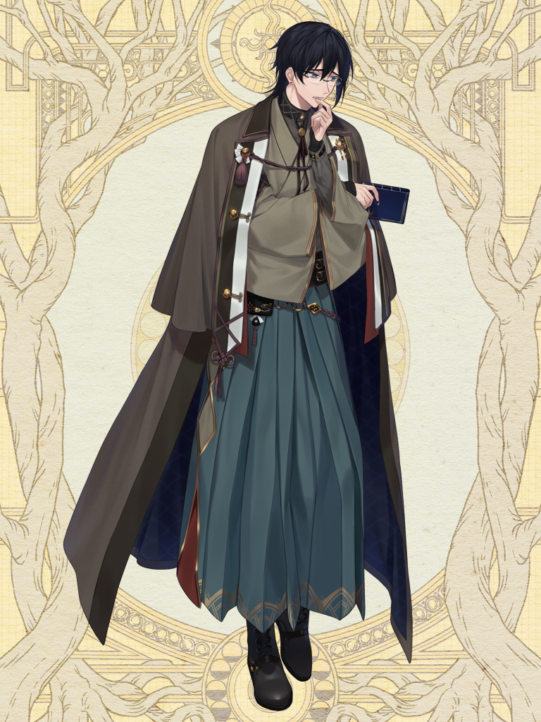 1boy, black_footwear, black_hair, book, brown_cloak, cloak, dairoku_ryouhei, full_body