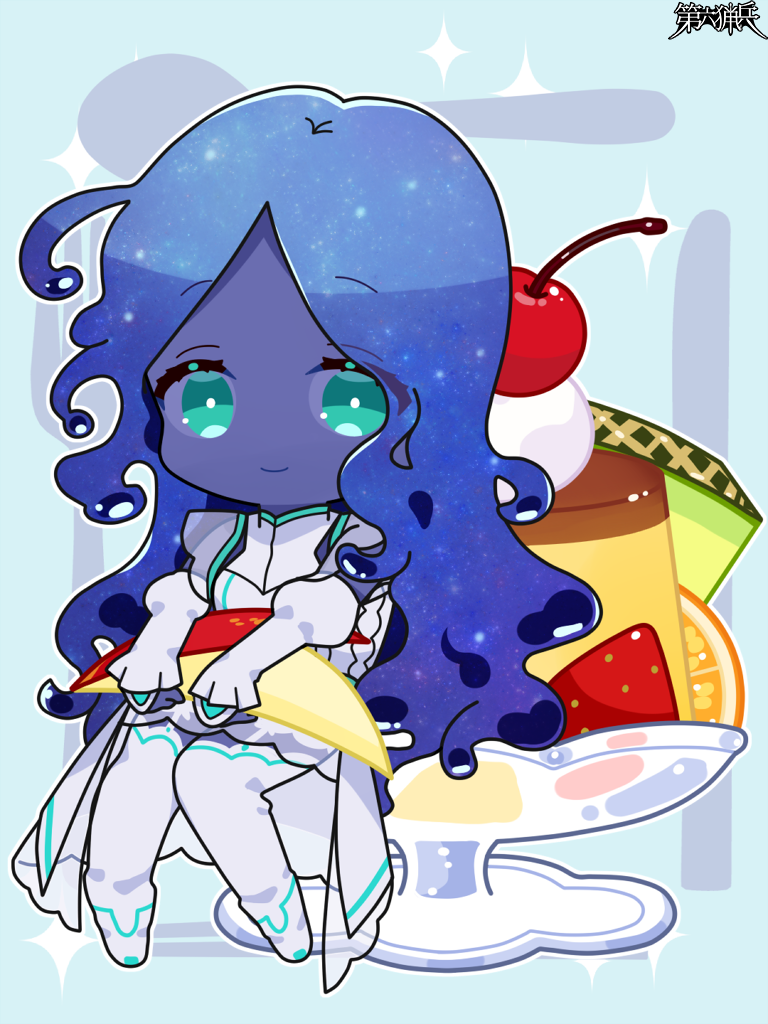 1girl, ahoge, aigurei_blue, apple, apple_rabbit, aqua_eyes, black_skin, blue_hair