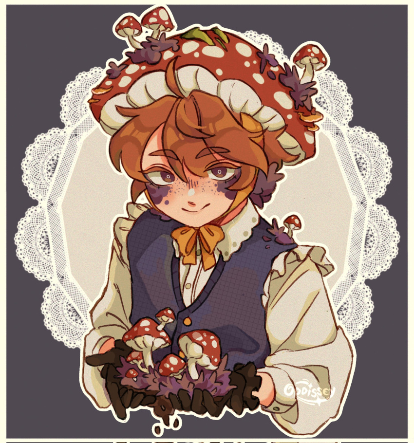 1boy, adapted_costume, ahoge, bishounen, black_gloves, border, brown_eyes, brown_hair