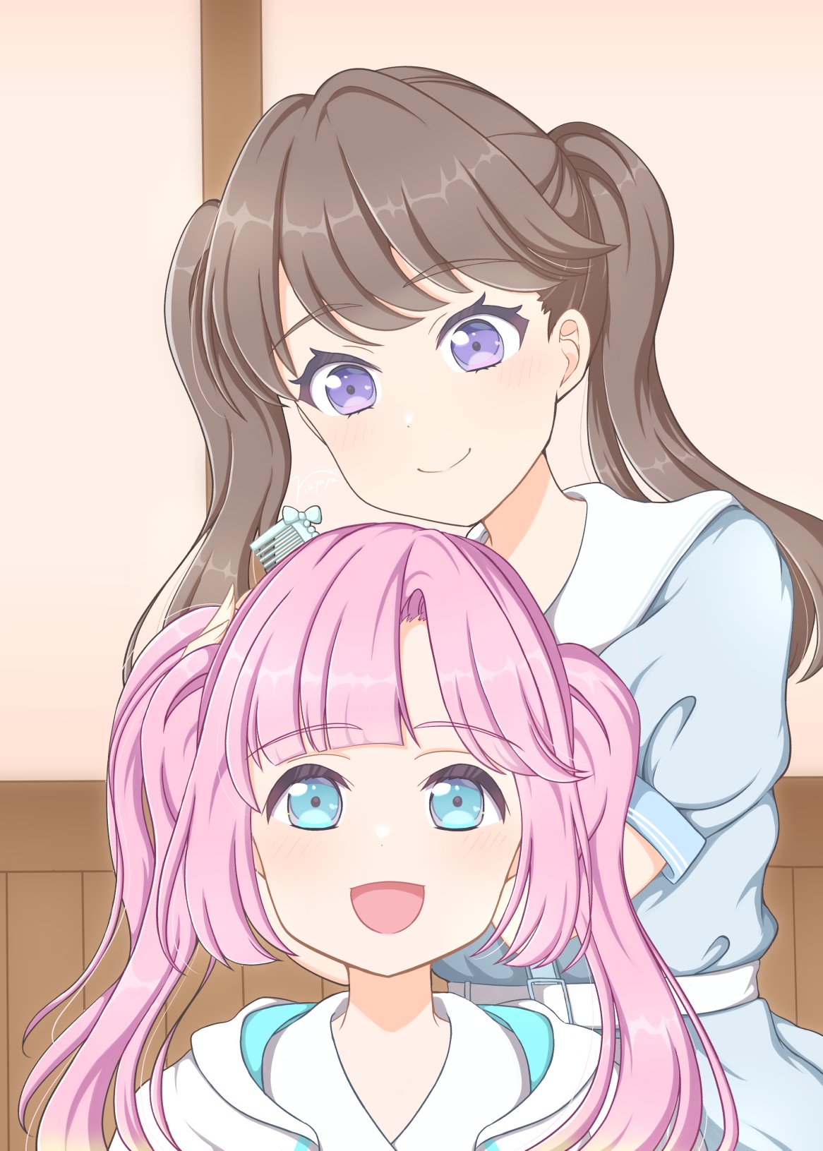 2girls, :d, alternate_hairstyle, anyoji_hime, ariria_(nanayuri), blue_dress, blue_eyes, blunt_bangs