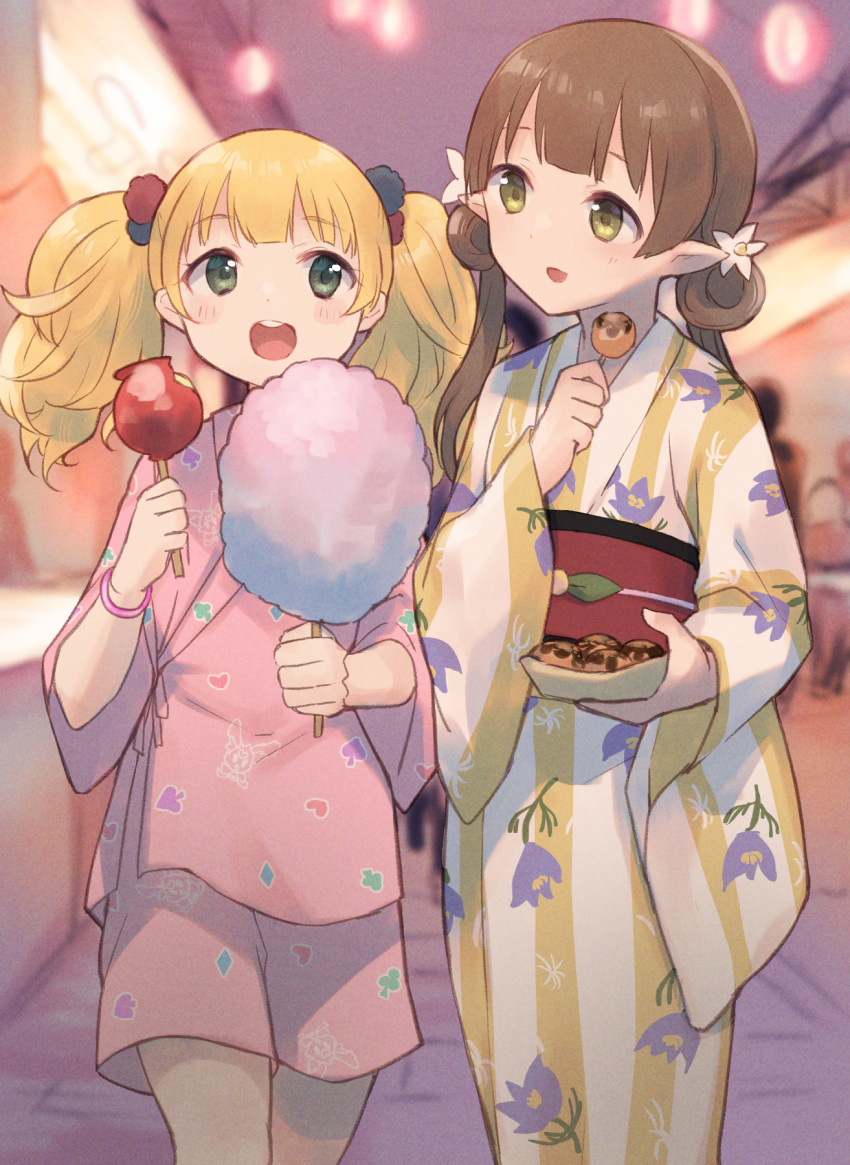 2girls, :d, ayumi_(princess_connect!), blonde_hair, blush, brown_hair, candy_apple, commentary_request