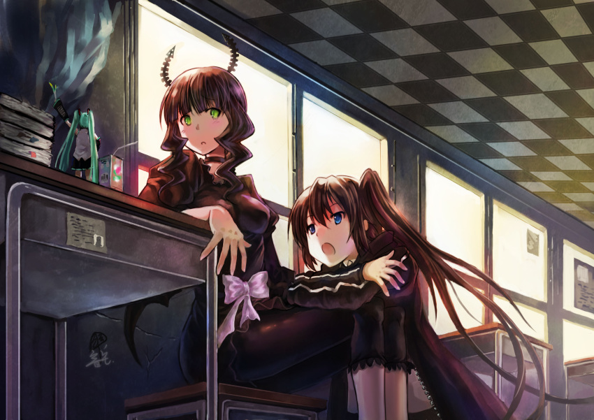 absurdres, ai_ai_gasa, arm_support, black_hair, black_rock_shooter, black_rock_shooter_(character), blue_eyes, checkered