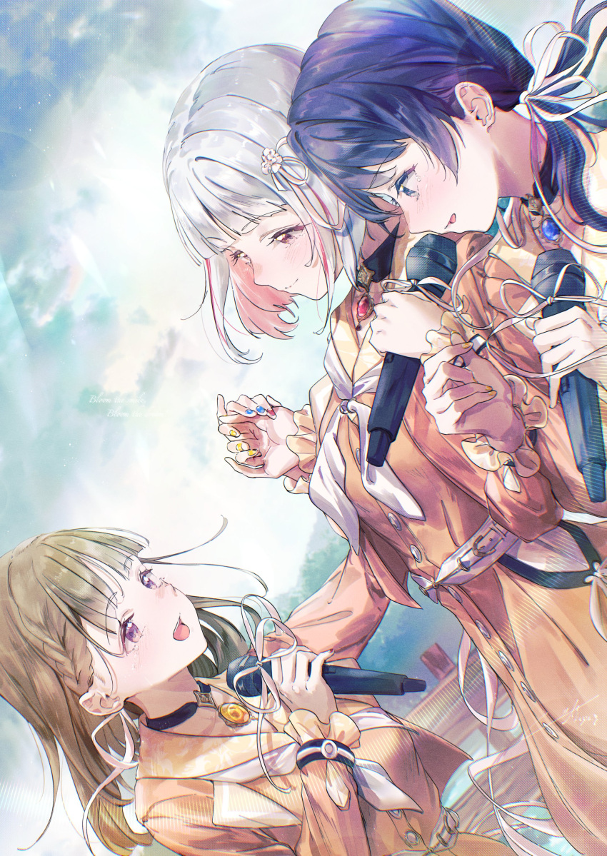 3girls, absurdres, black_choker, bloom_the_smile_bloom_the_dream!, blue_eyes, blue_hair, bob_cut, braid