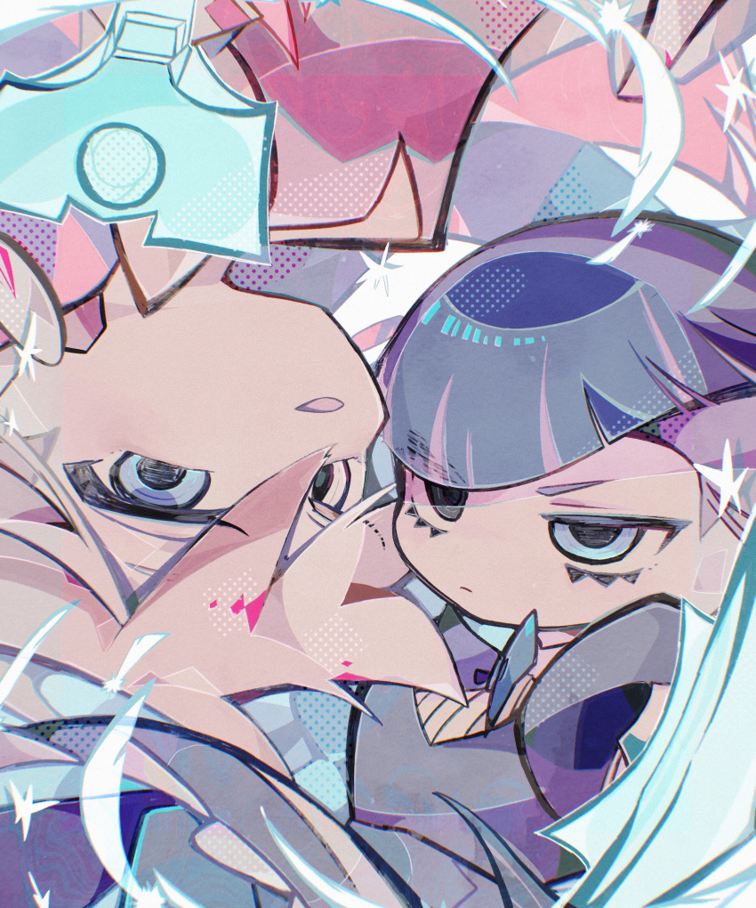 2girls, absurdres, blonde_hair, blue_eyes, closed_mouth, colored_inner_hair, commentary, dress, english_commentary, gun, handgun, highres, long_hair, looking_at_viewer, multicolored_hair, multiple_girls, open_mouth, panty_&amp;_stocking_with_garterbelt, panty_(psg), pink_hair, purple_dress, purple_hair, red_dress, rotational_symmetry, siblings, sisters, soresaki, star_(symbol), stocking_(psg), two-tone_hair, upside-down, weapon