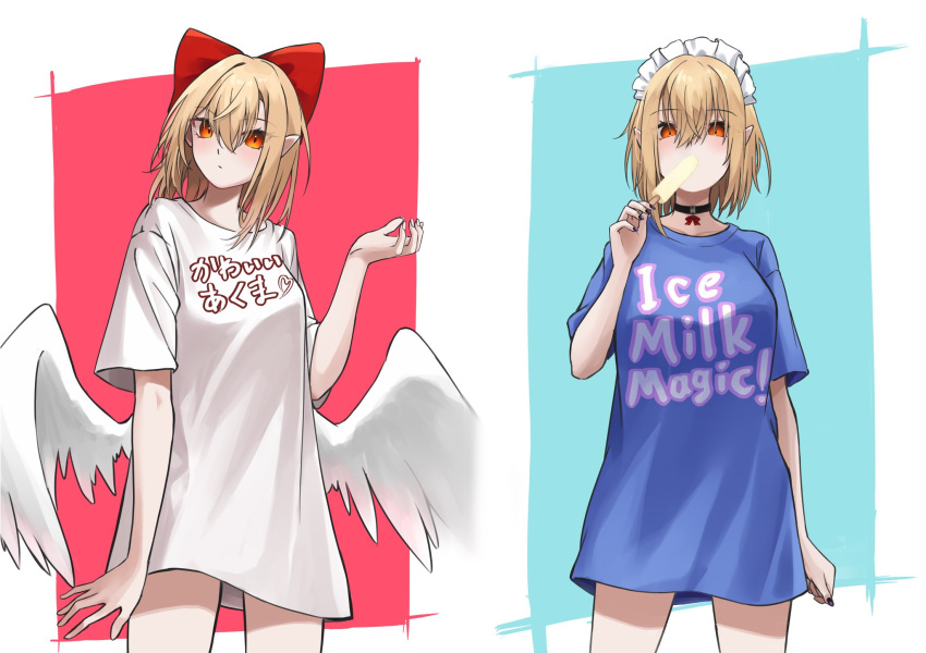 2girls, 4_shika, angel_wings, bare_legs, black_choker, blonde_hair, blue_background, blue_nails