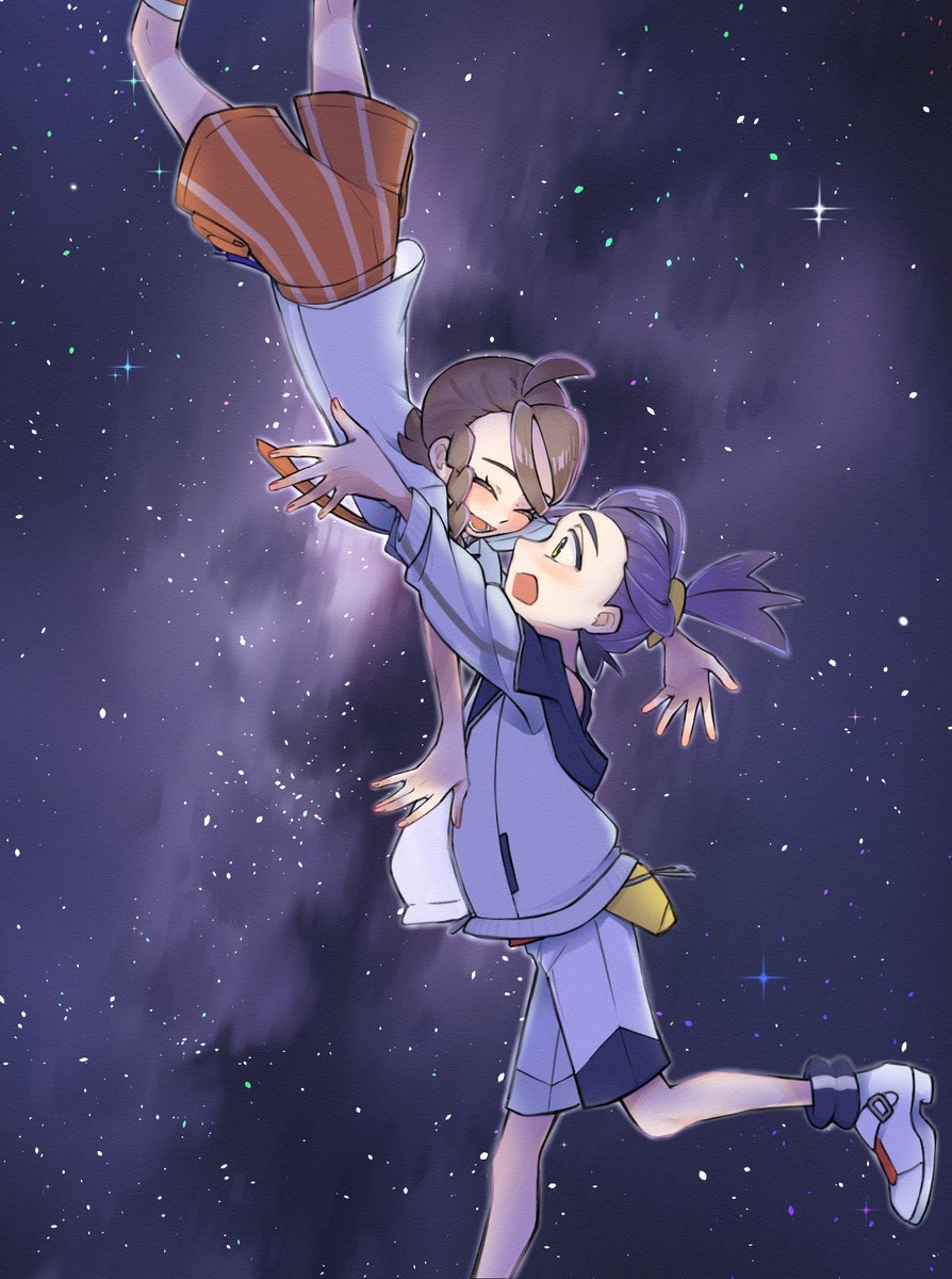 1boy, 1girl, ^_^, ahoge, arms_up, blush, braid, brown_hair