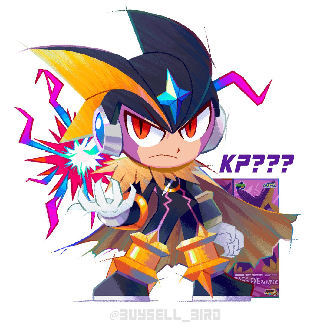 1boy, bass.exe_(mega_man), black_bodysuit, black_helmet, bodysuit, brown_cloak, buysell_bird, chibi