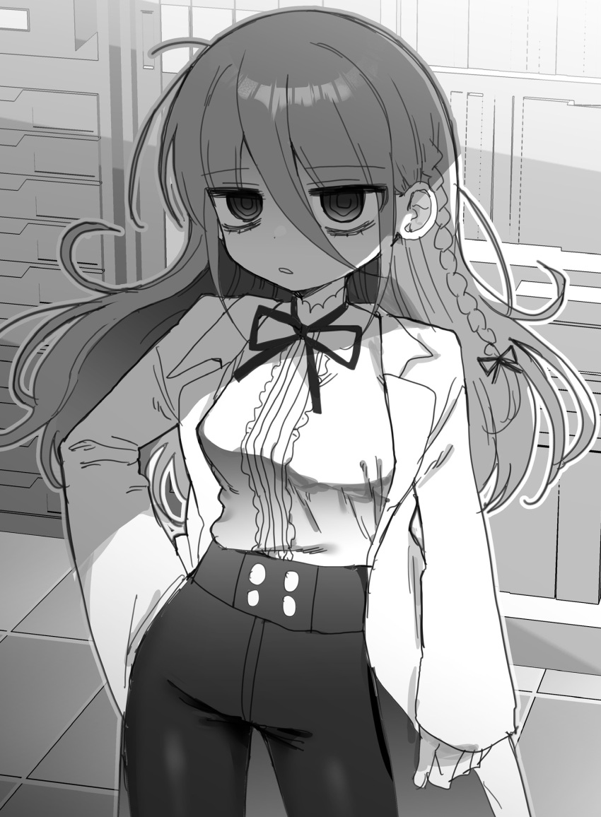 1girl, aozora_kyoka, bags_under_eyes, bow, bowtie, braid, breasts, contrapposto