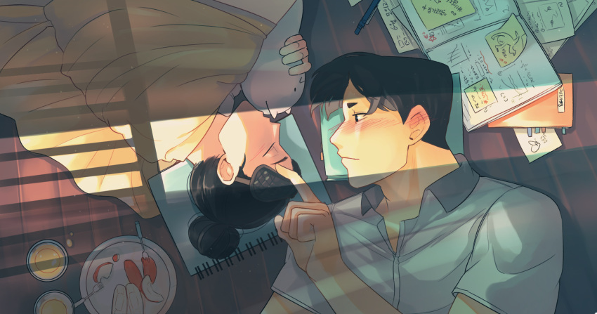 1boy, 1girl, black_hair, blush, closed_eyes, dappled_sunlight, food, fruit