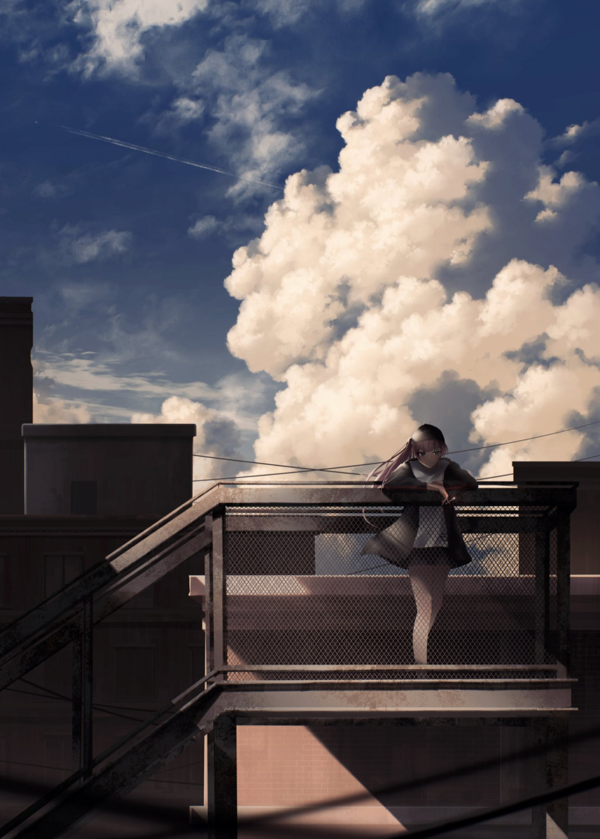 1girl, asukake_project, backlighting, black_jacket, black_shorts, blue_sky, building, character_request