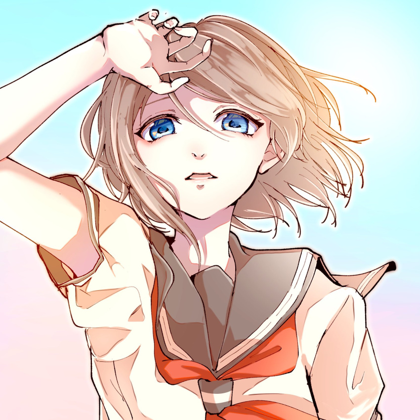 1girl, arm_up, armpit_peek, blue_eyes, highres, kiko_ycr, looking_at_viewer, love_live!