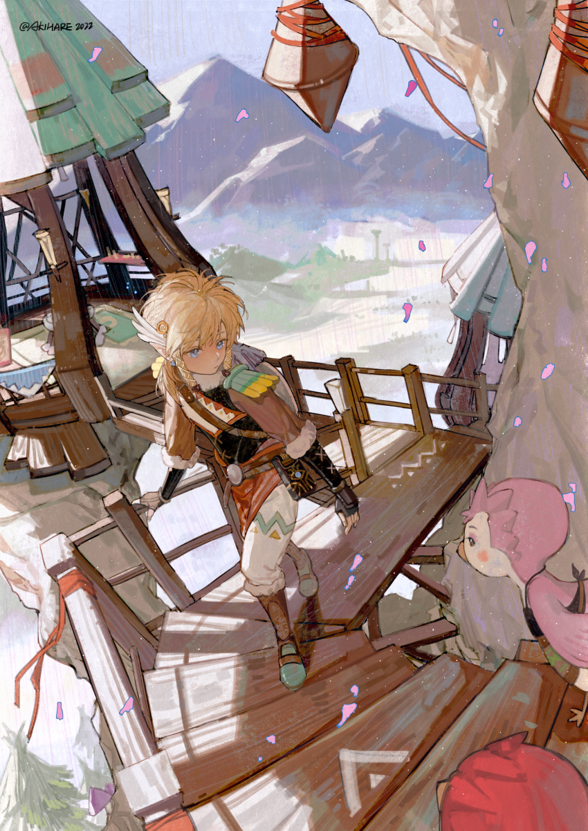 1boy, 2girls, absurdres, akihare, bird_girl, blue_eyes, earrings, fingerless_gloves