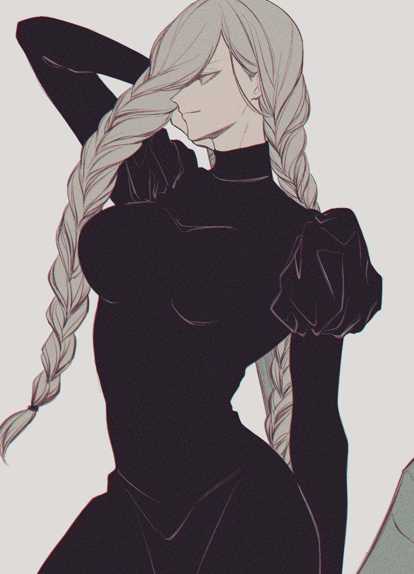 1girl, absurdres, akhr1029, black_dress, blue_hair, braid, dress, hair_over_face