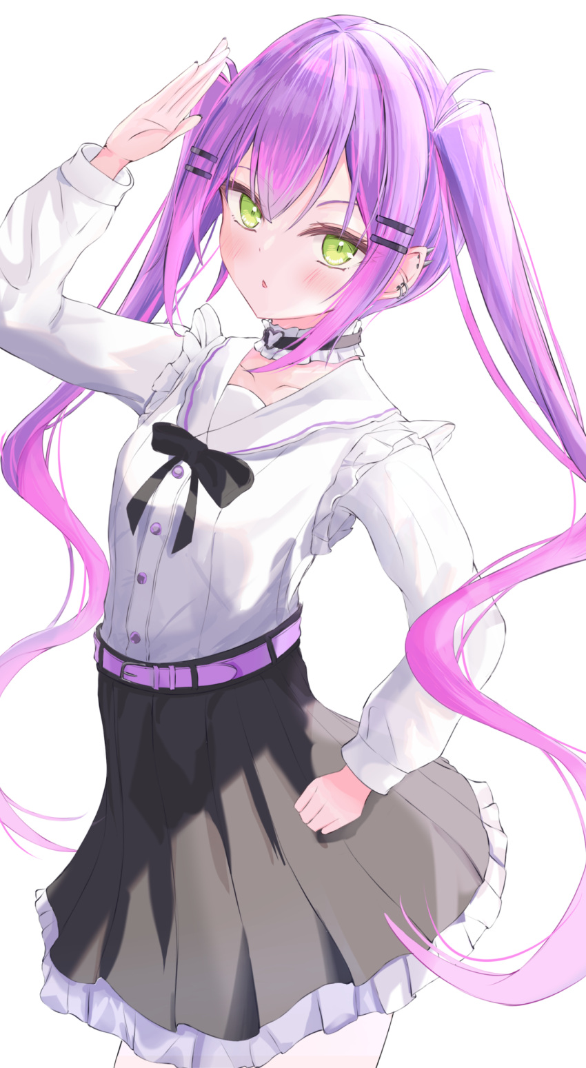 1girl, alternate_costume, black_choker, black_nails, black_skirt, blush, choker, ear_piercing, frilled_choker, frills, green_eyes, hair_ornament, hairpin, heart, heart_choker, heart_o-ring, highres, hololive, looking_at_viewer, multicolored_hair, nail_polish, o-ring, o-ring_choker, piercing, pink_hair, pointy_ears, purple_hair, shirt, skirt, solo, streaked_hair, tokoyami_towa, tomato_greening, twintails, virtual_youtuber, white_shirt