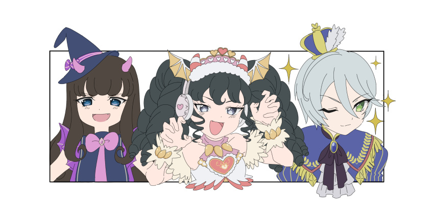 3girls, :d, a_(toitoitoioekk), bad_id, bad_twitter_id, black_hair, black_ribbon, blue_eyes