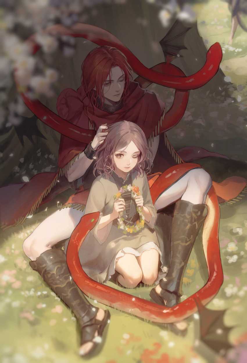 1boy, 1girl, absurdres, bai_rui, blurry, blurry_foreground, brown_eyes, brown_hair, elden_ring, elden_ring:_shadow_of_the_erdtree, english_commentary, facial_tattoo, flower, gold_bracer, grass, head_wreath, highres, holding, holding_wreath, kneeling, long_hair, medium_hair, melina_(elden_ring), messmer_the_impaler, one-eyed, outdoors, red_robe, red_snake, redhead, robe, seiza, siblings, sitting, snake, tattoo, tree