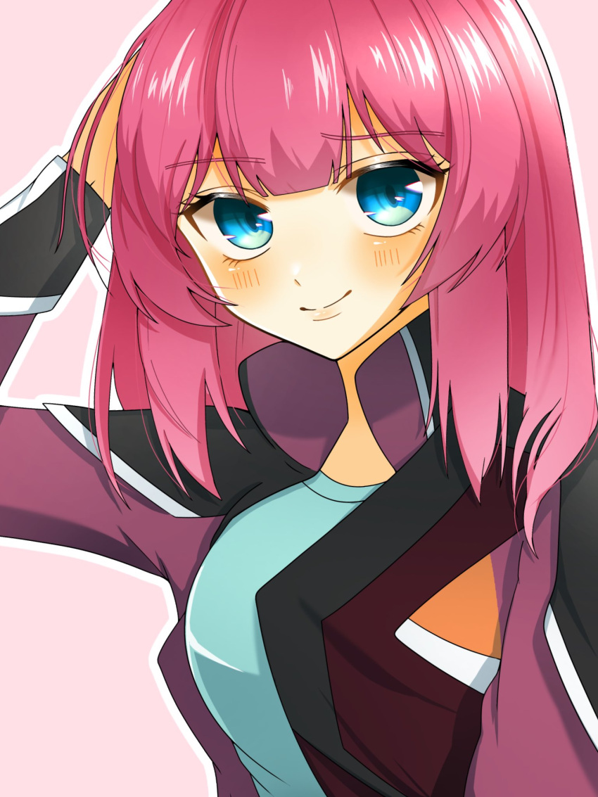 1girl, agnes_giebenrath, alternate_hairstyle, blue_eyes, blue_shirt, blush, gundam, gundam_seed