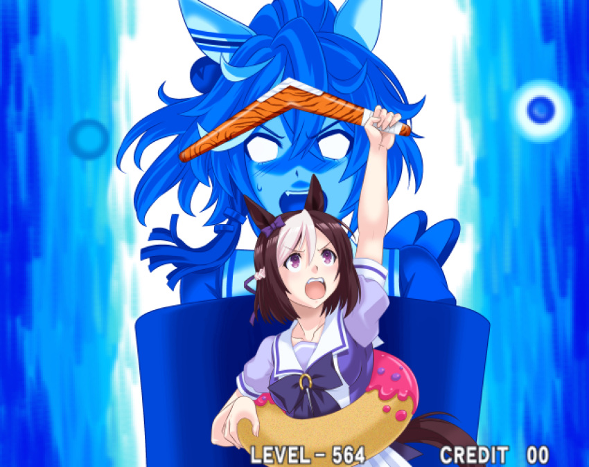 2girls, animal_ears, arm_up, blank_eyes, boomerang, boomerang_fu, bow, bowtie