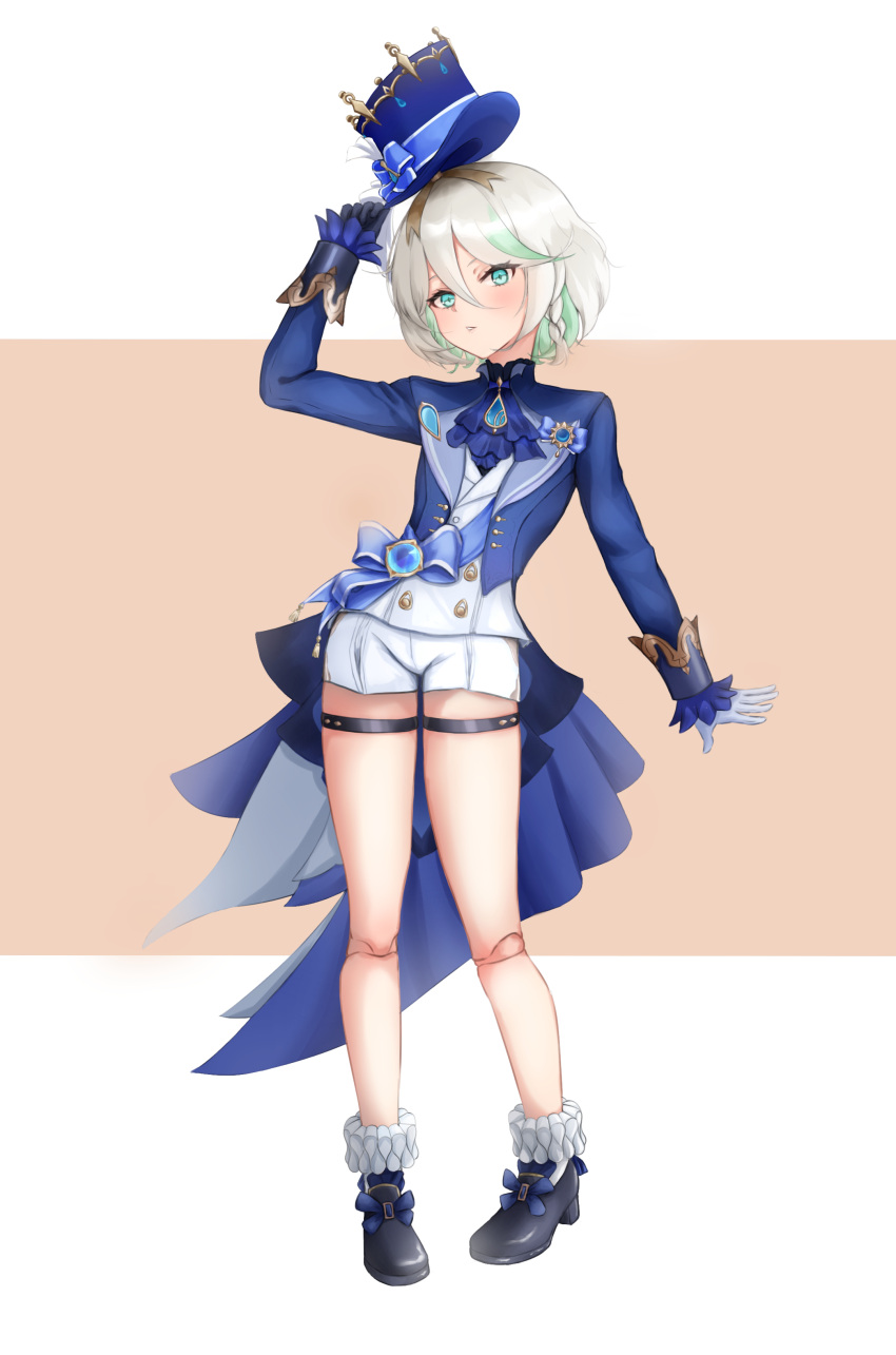 1girl, absurdres, alternate_costume, black_footwear, blue_gloves, blue_hat, blue_jacket, cecilia_immergreen, cosplay, doll_joints, furina_(genshin_impact), furina_(genshin_impact)_(cosplay), genshin_impact, gloves, green_eyes, green_hair, grey_hair, hat, highres, holding, holding_clothes, holding_hat, hololive, hololive_english, jacket, joints, lilshigu, looking_at_viewer, multicolored_hair, shirt, shoes, short_hair, skirt, solo, streaked_hair, thigh_strap, virtual_youtuber, white_shirt, white_skirt