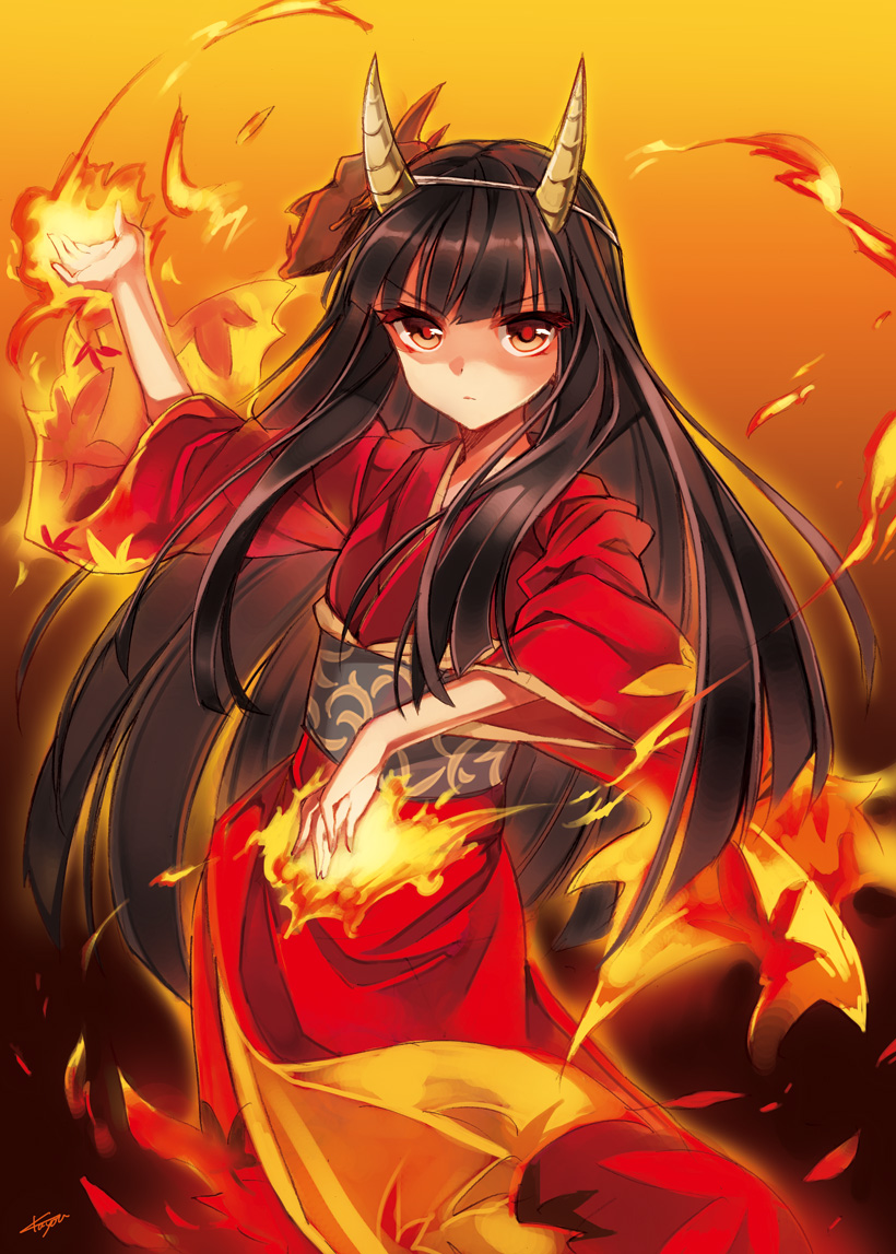 fire, hinomoto_oniko, horns, japanese_clothes, kayou_(artist), kimono, long_hair, original