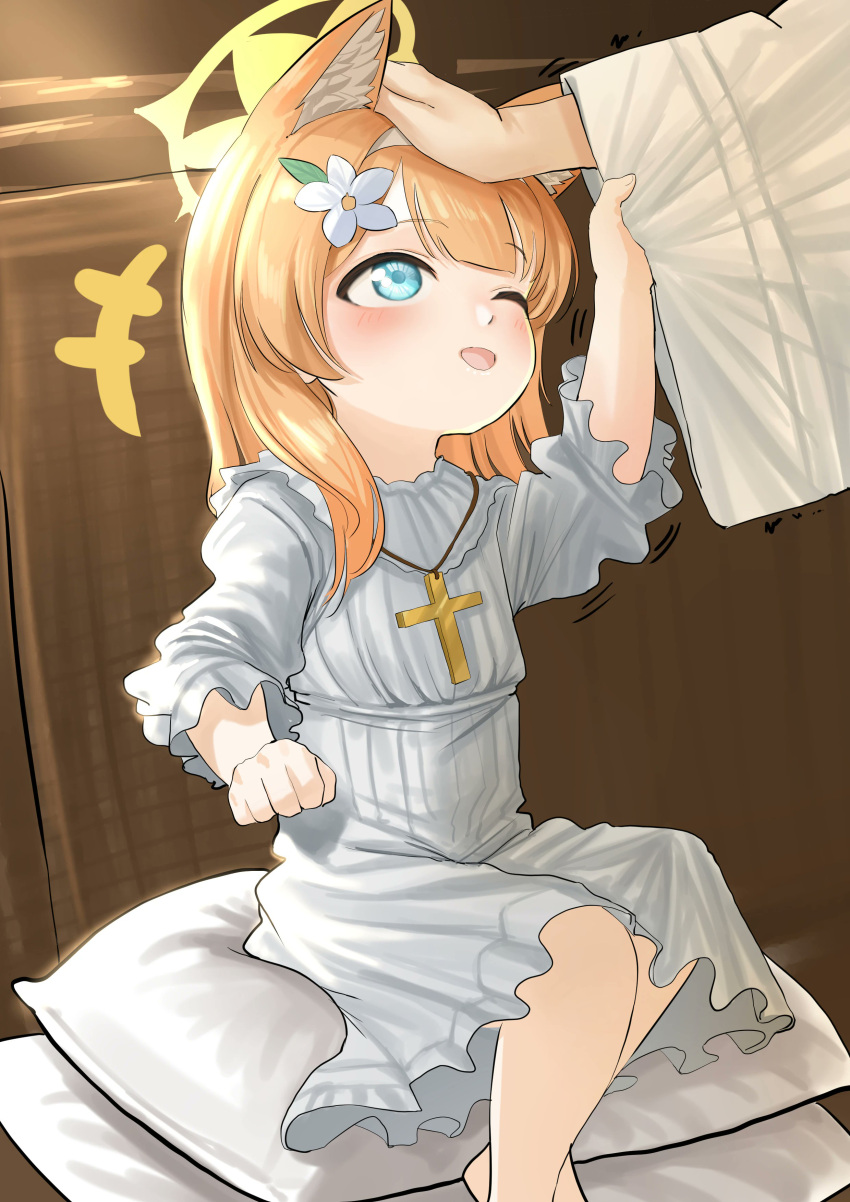 1girl, 1other, absurdres, aged_down, animal_ears, blonde_hair, blue_archive, blue_eyes