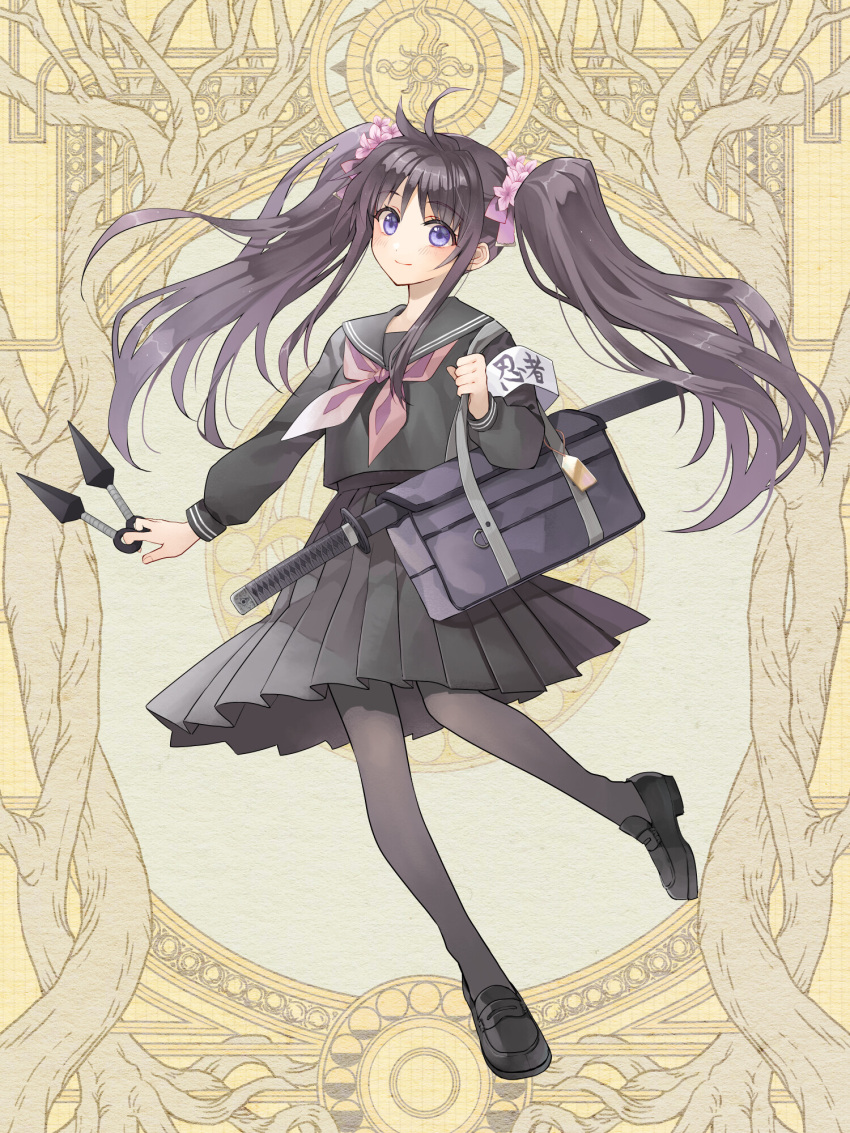 1girl, armband, bag, black_footwear, black_pantyhose, black_sailor_collar, black_serafuku, black_shirt