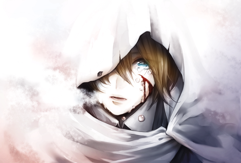 1boy, bishounen, bleeding, blonde_hair, blood, blood_on_face, blue_eyes, cloak