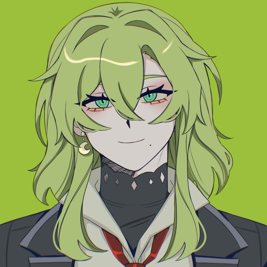 1girl, aqua_eyes, black_coat, closed_mouth, coat, collared_shirt, crescent, crescent_earrings
