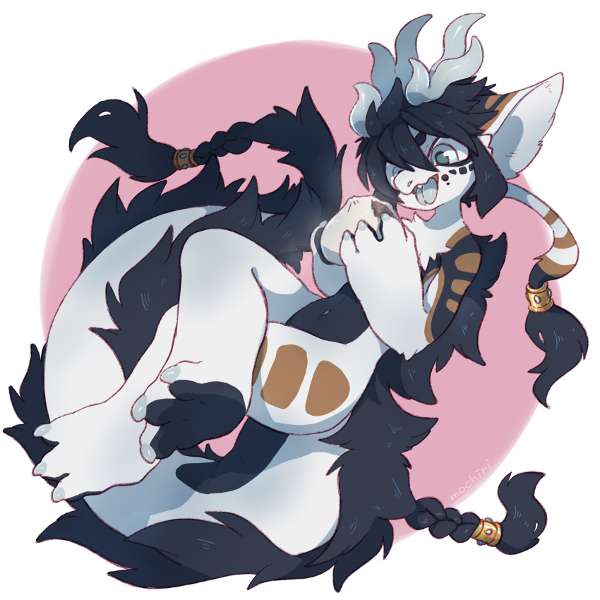 1boy, animal_ears, animal_feet, animal_hands, black_fur, black_hair, blue_eyes, body_fur, braided_tail, brown_fur, claws, dumpling, food, full_body, furry, furry_male, hair_between_eyes, highres, holding, holding_food, horns, male_focus, mochiri_(mochiri_work), open_mouth, original, rin_(mochiri_(mochiri_work)), signature, tail, white_fur