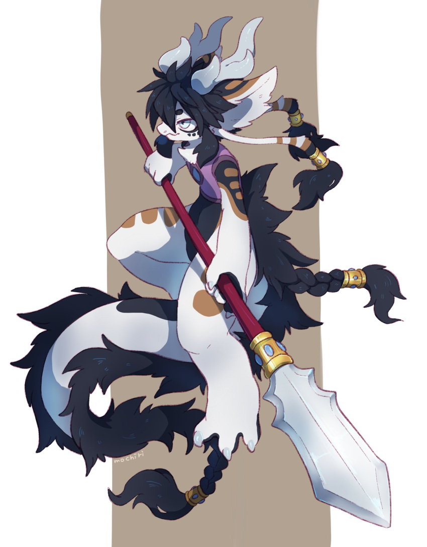 1boy, animal_ears, animal_feet, animal_hands, black_fur, black_hair, blue_eyes, braided_tail