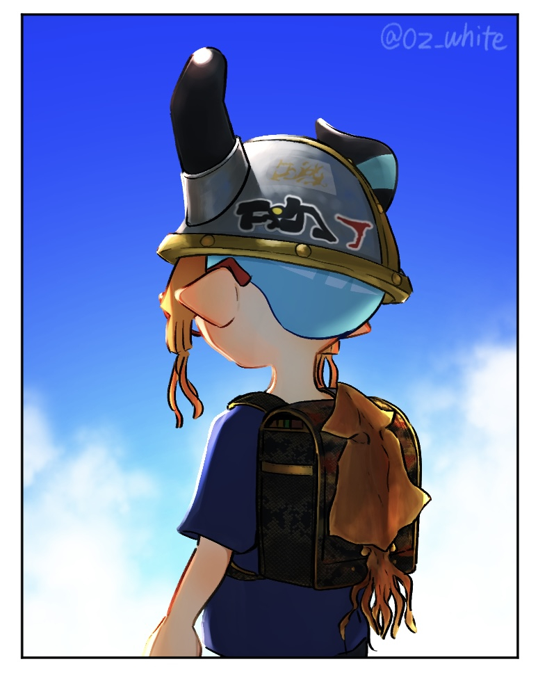 artist_name, back, backpack, bag, blue_hair, blue_sky, clouds, dried_squid