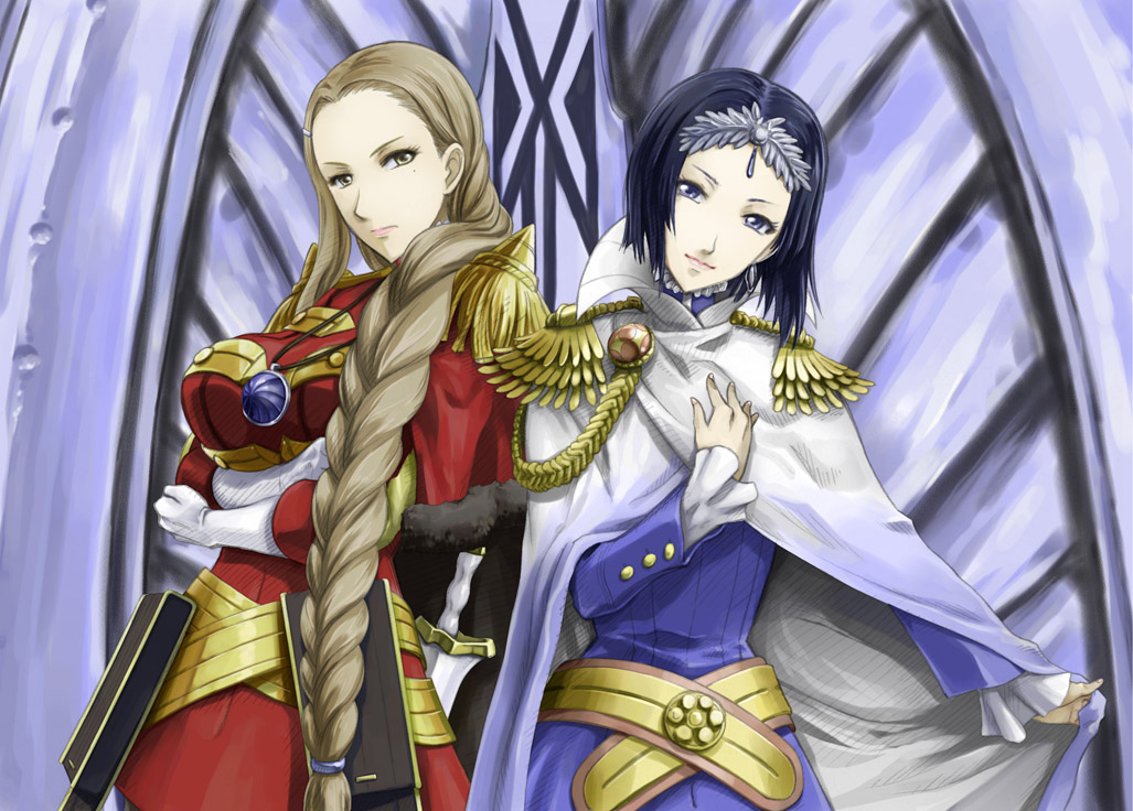 audrey_gassenarl, blonde_hair, blue_eyes, blue_hair, braid, breasts, brown_eyes, cape, cordelia_gi_randgriz, crown, darcsen, dress, female, gloves, jewelry, large_breasts, long_hair, military, military_uniform, mole, morisu, multiple_girls, pendant, senjou_no_valkyria, senjou_no_valkyria_2, short_hair, single_braid, spoilers, sword, tiara, uniform, weapon