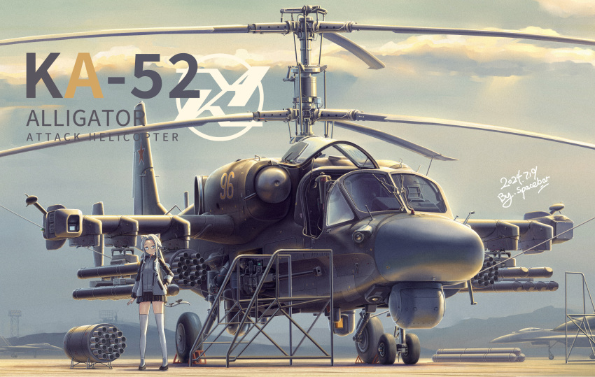 1girl, aircraft, artist_name, commission, dated, english_text, hangar, helicopter