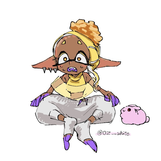 colored_tongue, dark-skinned_female, dark_skin, earrings, food, food_on_head, frye_(splatoon), gradient_skin