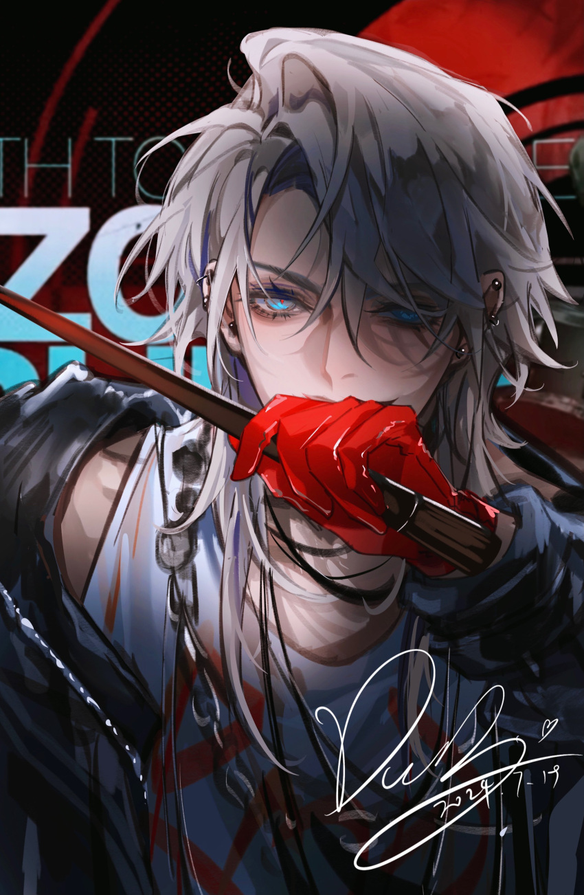 1girl, absurdres, blue_eyes, doo58455, drumsticks, gloves, grey_hair, highres
