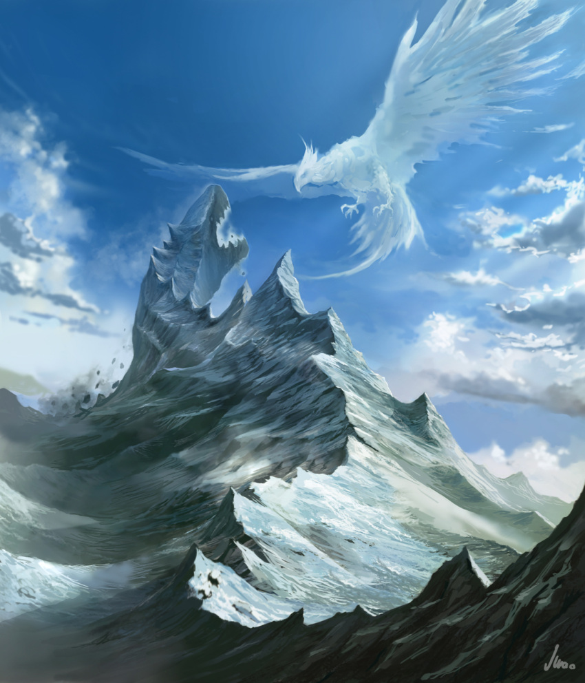 akira-enter1, animal_focus, bird, blue_sky, clouds, day, dragon, fantasy