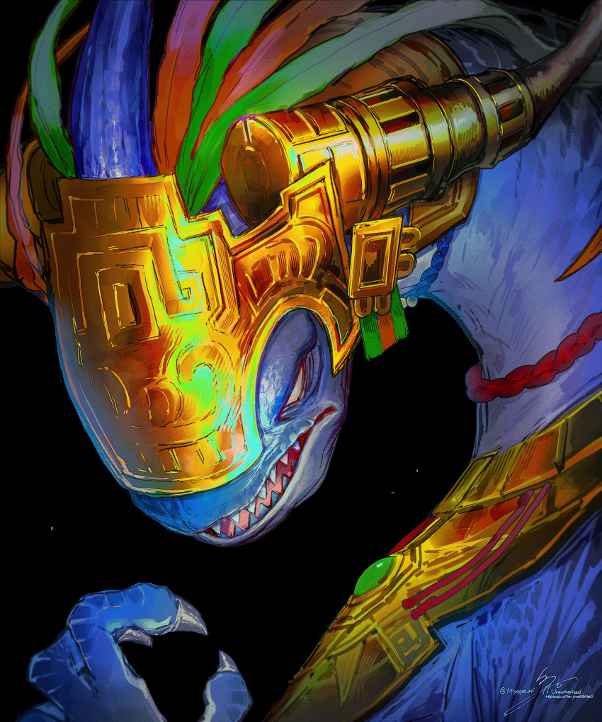 1boy, absurdres, black_background, blue_skin, claws, colored_skin, crown, final_fantasy