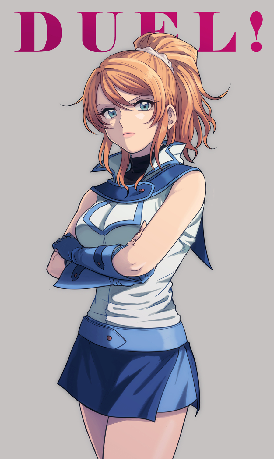 1girl, ayase_eli, bare_shoulders, black_shirt, blonde_hair, blue_eyes, blue_gloves, blue_skirt