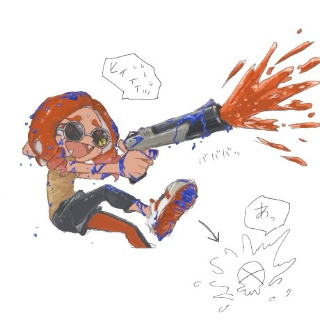 1girl, fangs, glasses, holding, holding_weapon, ink, lowres, n-zap_(splatoon)