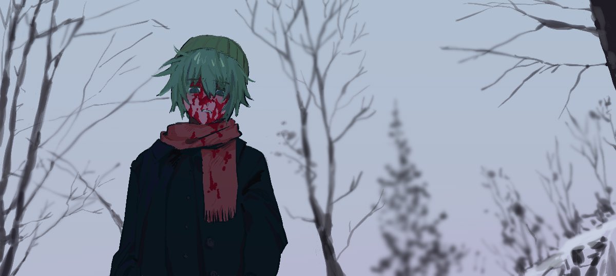 1boy, aqua_eyes, aqua_hair, bare_tree, beanie, black_coat, blood, blood_on_clothes, blood_on_face, coat, forest, green_hat, hat, hiyori_sou, kimi_ga_shine, long_sleeves, misumisou, nature, outdoors, parted_lips, red_scarf, scarf, snow, solo, tree, upper_body, w5, winter