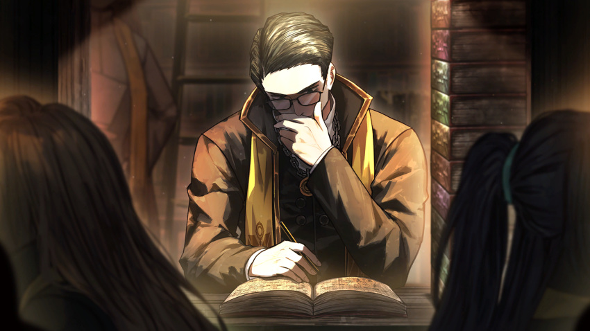 2boys, 2girls, black-framed_eyewear, black_eyes, black_hair, black_robe, book, brown_hair, chain, chain_necklace, dieci_association_(identity)_(project_moon), dieci_librarian_(project_moon), game_cg, glasses, hair_slicked_back, hand_to_own_mouth, high_ponytail, highres, holding, holding_pen, hong_lu_(project_moon), indoors, jewelry, ladder, library, limbus_company, long_sleeves, looking_down, male_focus, meursault_(project_moon), multiple_boys, multiple_girls, nai_ga, necklace, official_art, pen, pendant, project_moon, reading, robe, rodion_(project_moon), solo_focus, sweater, white_sweater