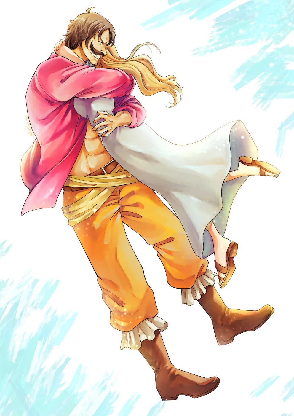 1boy, 1girl, abs, blonde_hair, boots, brown_hair, closed_eyes, commentary